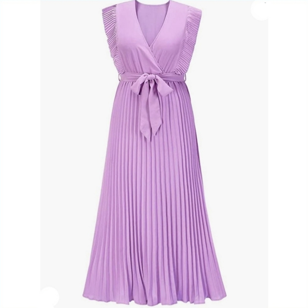 Wrap V Neck Ruffle Elegant Belted Pleated Flounce Sleeve Long Maxi Dress